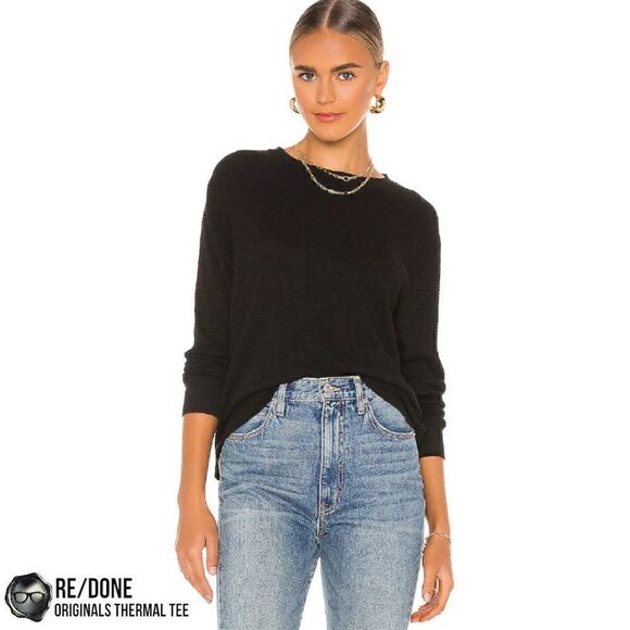 RE/DONE ORIGINALS WOMEN’S THERMAL KNIT LONG SLEEVE TEE SHIRT IN BLACK SIZE SMALL - Picture 3 of 13